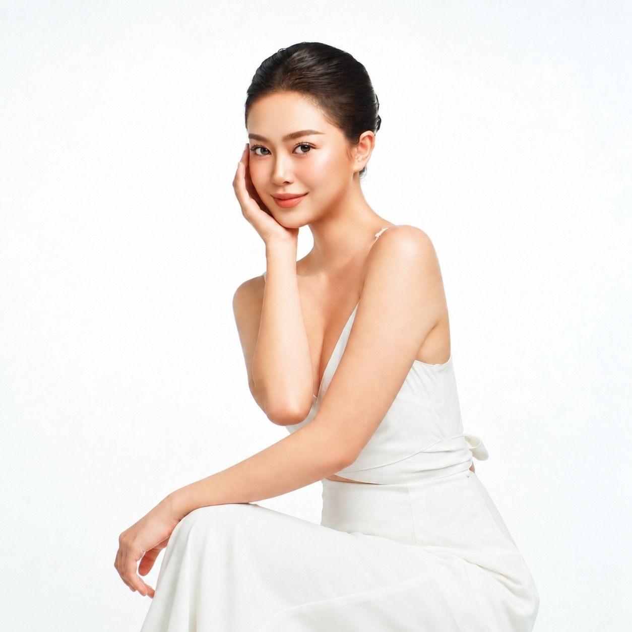 Editorial studio portrait of a creator in soft, high-key lighting